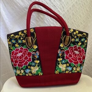 Red Floral Embroidered Tote Bag
